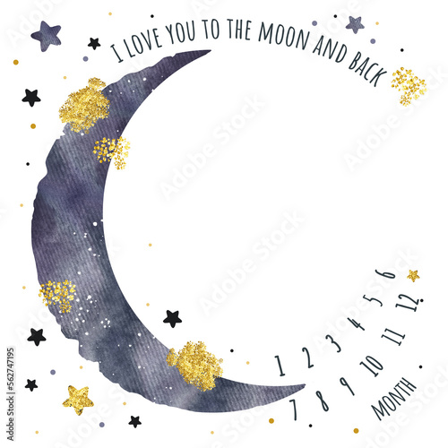 Moon with stars and golden accents. Watercolor hand drawn illustration. Baby Milestone blanket template