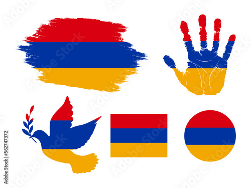 Armenia flag set, flag of Armenia collection. Flag in grunge, Dove, Handprint, square and round shape. vector illustration
