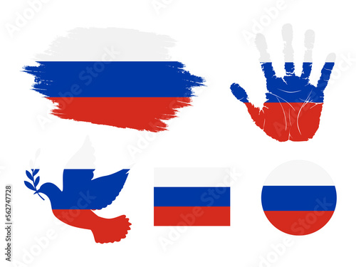 Russia flag set, flag of Russia collection. Flag in grunge, Dove, Handprint, square and round shape. vector illustration