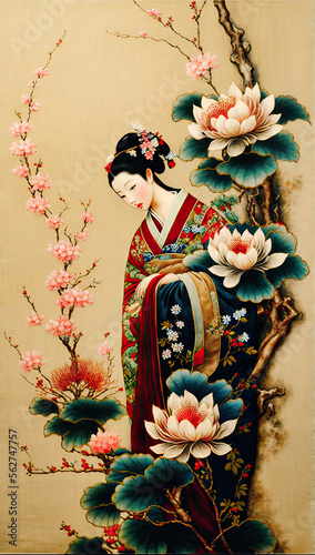 Traditional Japanese Painting With A Woman Wearing Many Flowers. Suzhou embroidery. Generative AI Illustration