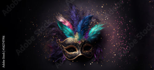 Carnival party. Venetian mask with feathers, copy space, banner. Mardi Gras festival decoration. AI generative © Rawf8