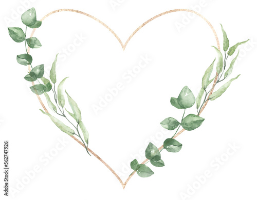 Heart-shaped greenery wreath with a rose gold hoop. Watercolor green leaf and foliage frame. Botanical painting. PNG clipart on transparent background.