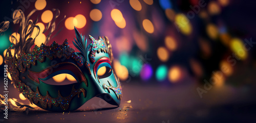 Carnival party. Venetian mask on bokeh background, banner. Mardi Gras festival decoration. AI generative © Rawf8