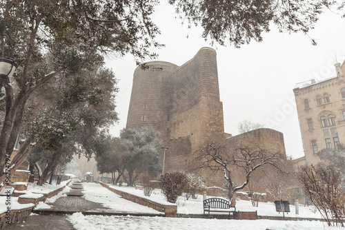 Azerbaijan Baku, maiden tower in winter in the snow © Aleksandr