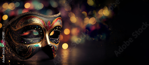 Carnival party. Venetian mask on bokeh background, banner. Mardi Gras festival decoration. AI generative