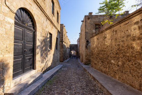 Fototapeta Naklejka Na Ścianę i Meble -  Street of the Knights of Rhode in Greece. Historic Landmark in the Old Town.