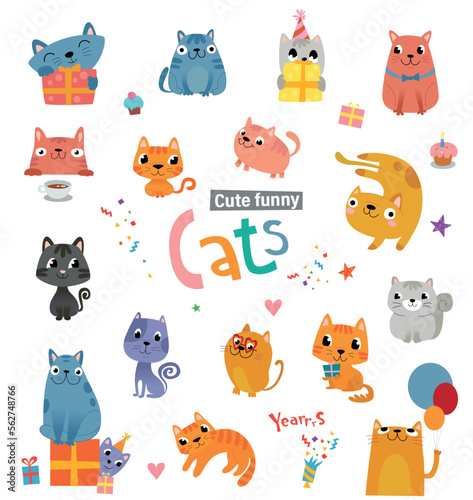 Funny cartoon cats and design elements for birthday card or party invitation. Vector illustration