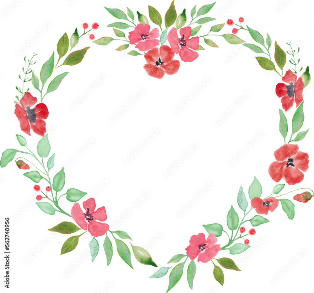 Watercolor floral wreath heart with  painted flowers and leaves. Hand drawn illustration. Design for invitation, wedding or greeting cards. Vector EPS.