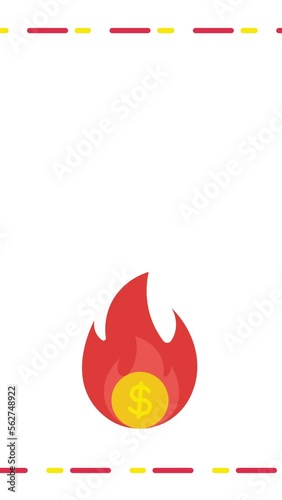 4k vertical video of cartoon money on fire on white background.