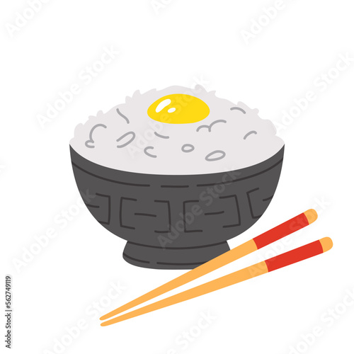 Vector illustration of cute  doodle asian food  tamago kake gohan for print ,design, greeting card,sticker,icon
