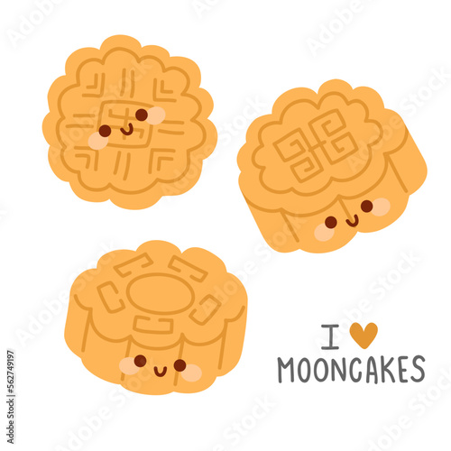 Vector illustration set of cute  doodle asian food moon cake for print ,design, greeting card,sticker,icon