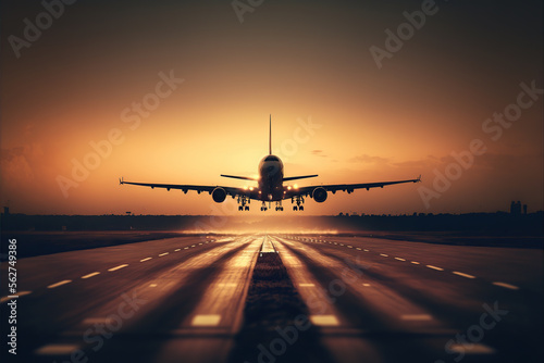 Passenger plane is landing during a wonderful sunrise. Generative AI illustration.