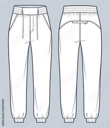 Jogger Pants technical fashion illustration. Sports Sweat Pants fashion flat technical drawing template, pockets, elastic waistband, front and back view, white, women, men, unisex CAD mockup.