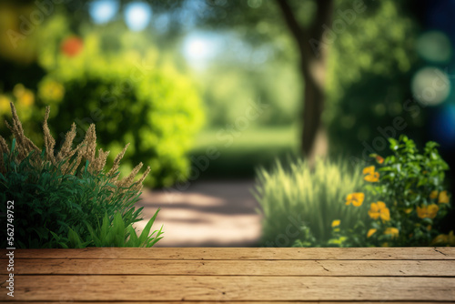 Wooden plank in foreground in focus on blurred background of picturesque garden. Based on Generative AI. © Yeti Studio