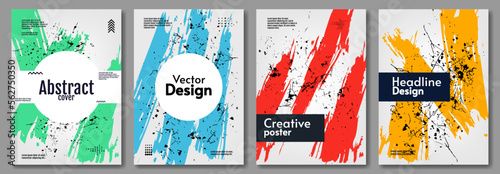 Set of vector illustrations. Art paint splash and brush. Modern colors. Design for cover, poster, banner, postcard, invitation.