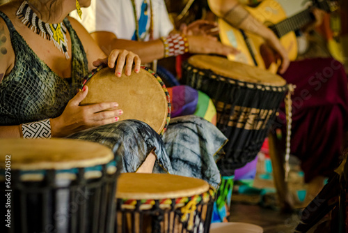 Sao Paulo, SP, Brazil - January 15 2023: Caucasian people playing African drum details.