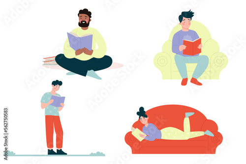 Set of different people reading a book. Vector illustration