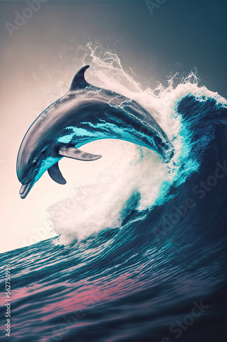 A Dolphin Jumping Out Of A Wave In The Ocean. Generative AI Illustration.