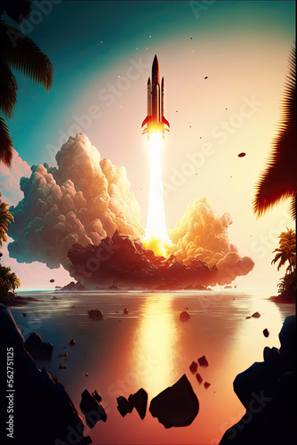 A Rocket Launch From A Tropical Island In The Ocean. Generative AI Illustration