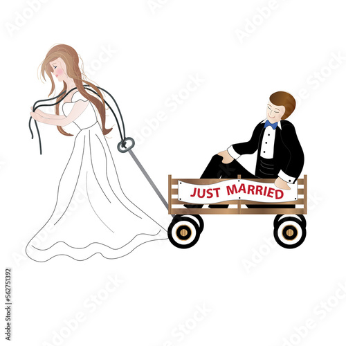 Humorous illustration of a bride pulling the groom behind her in a wagon with a sign on it, just married.
