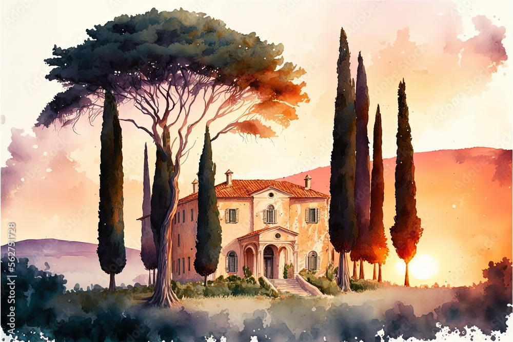 watercolor painting Tuscany villa | Generative AI - obrazy, fototapety, plakaty 