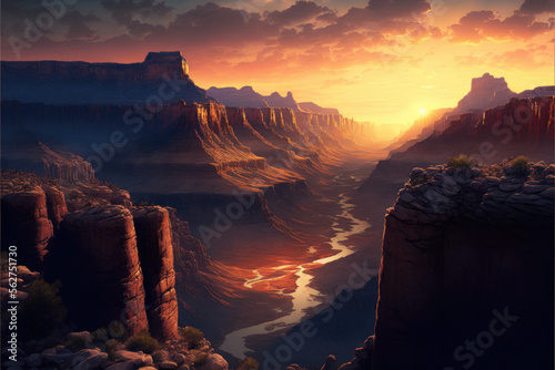 a beautiful sunset over a huge canyon with some water in the valley. Generative AI