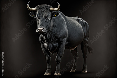 a big black bull isolated on dark background. Generative AI