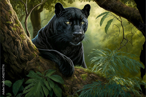 a black panther sits on a tree. Generative AI