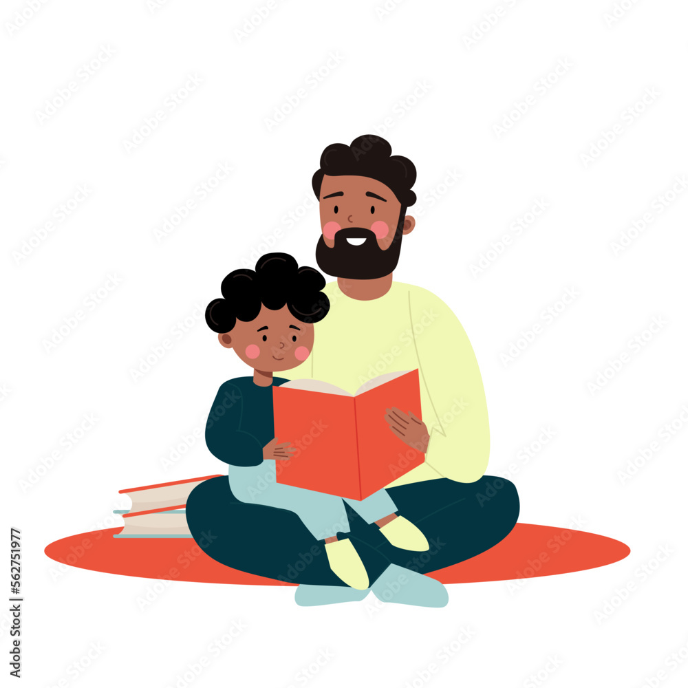 African American father and son reading a book together. Vector illustration