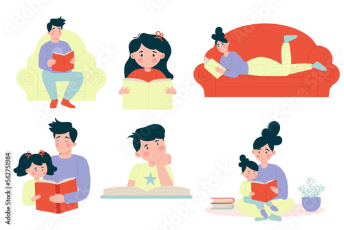 Set of different illustrations of parents and children reading a book.