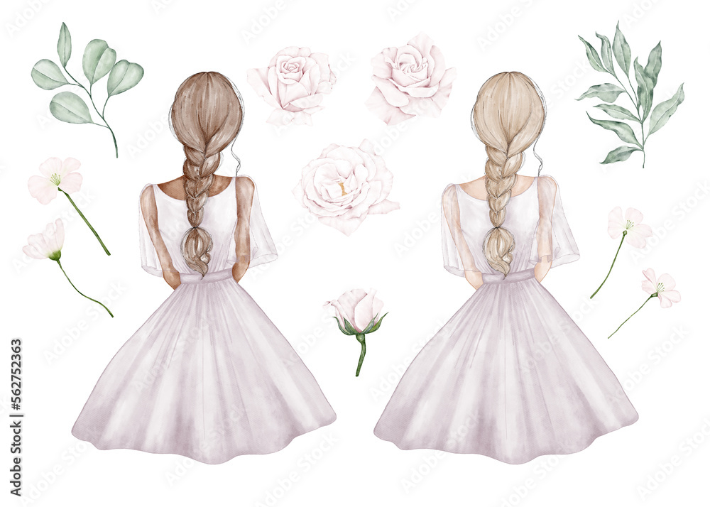Girl back with light and dark skine. Flowers roses with leaves Girl back with light and dark skine. Flowers roses with leaves