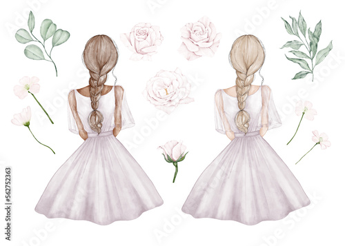 Girl back with light and dark skine. Flowers roses with leaves