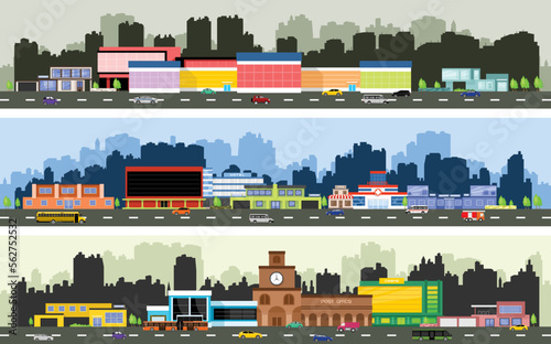 Vector urban streets with various urban buildings, houses, shops, hotels and supermarkets. Vector illustration
