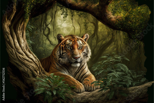 a tiger lies in the jungle between trees. Generative AI
