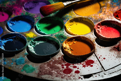 Colorful paint palette and paint, brushes - Generative AI, Generative, AI