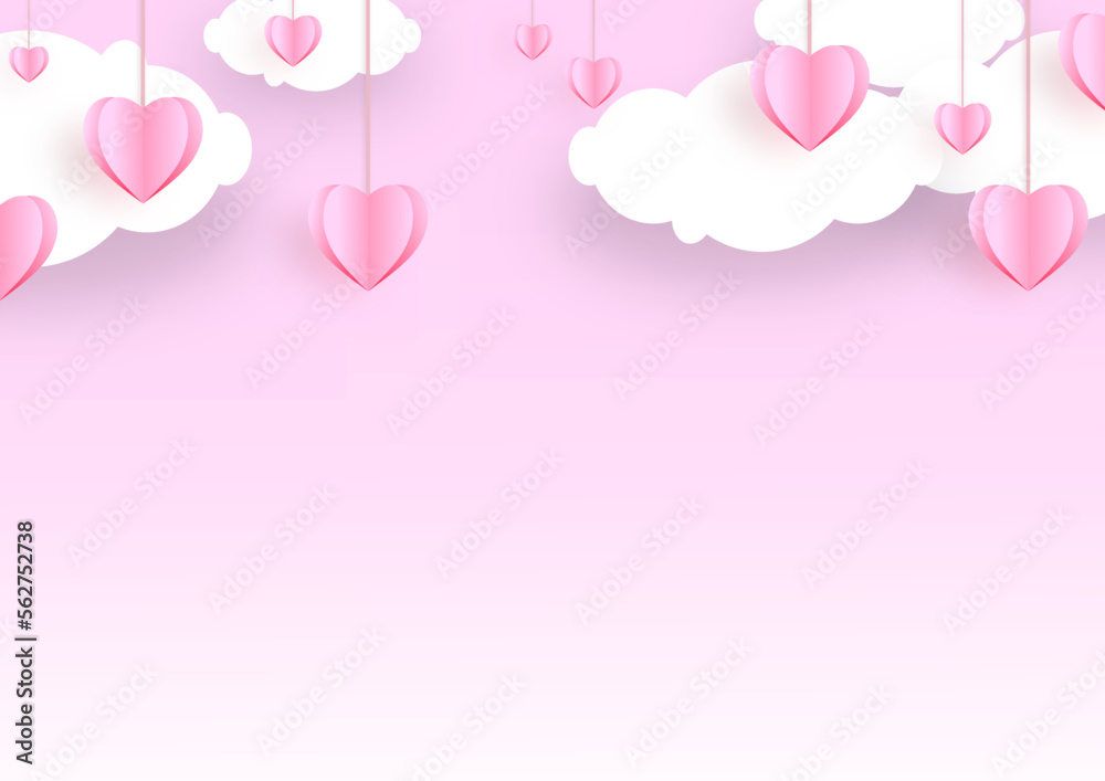 Pink hearts cloud on soft pink color background, border, copy space. Valentine day concept for design.