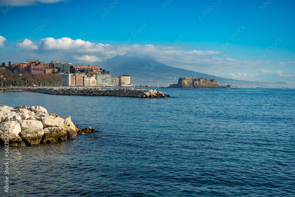 Winter day on the Mediterranean coast. A nice view of the seafront in Naples, Campania, Italy.