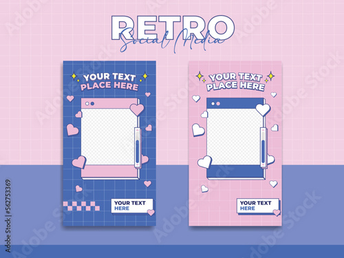Linear stories templates. Social media set design. Abstract retro aesthetic groovy pink and blue