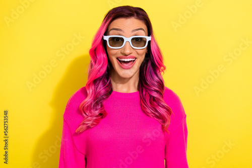 Portrait of astonished cheerful person wear 3g glasses open mouth toothy smile isolated on yellow color background