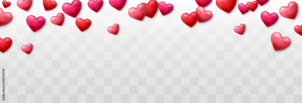 Vector 3d hearts design decorated on png background. Love symbol for Happy Women's, Mother's, Valentine's Day and birthday celebration. Red and pink hearts isolated on transparent background.
