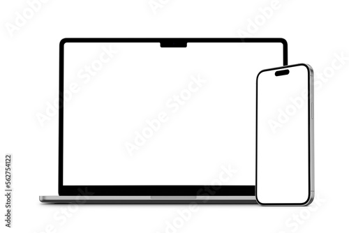 Isolated laptop and phone front view