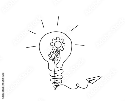 Abstract round metal gears wheels with light bulb and paper plane as line drawing on white background. Concept of teamwork