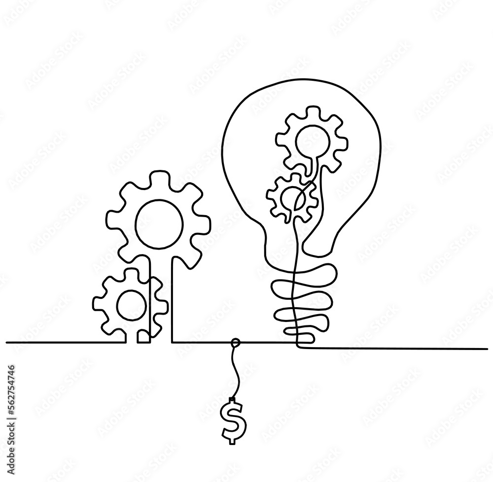 Abstract round metal gears wheels with light bulb and  dollar as line drawing on white background. Concept of teamwork. Vector