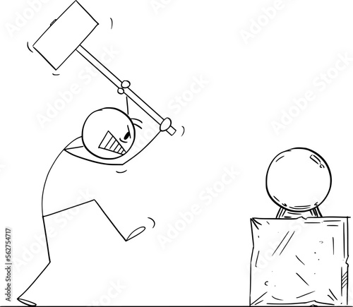 Person With Hammer Trying to Destroy Glass Ball, Vector Cartoon Stick Figure Illustration