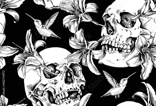 Seamless pattern. Human skulls with a exotic flowers and hummingbird. Textile composition, hand drawn style print. Vector black and white illustration.