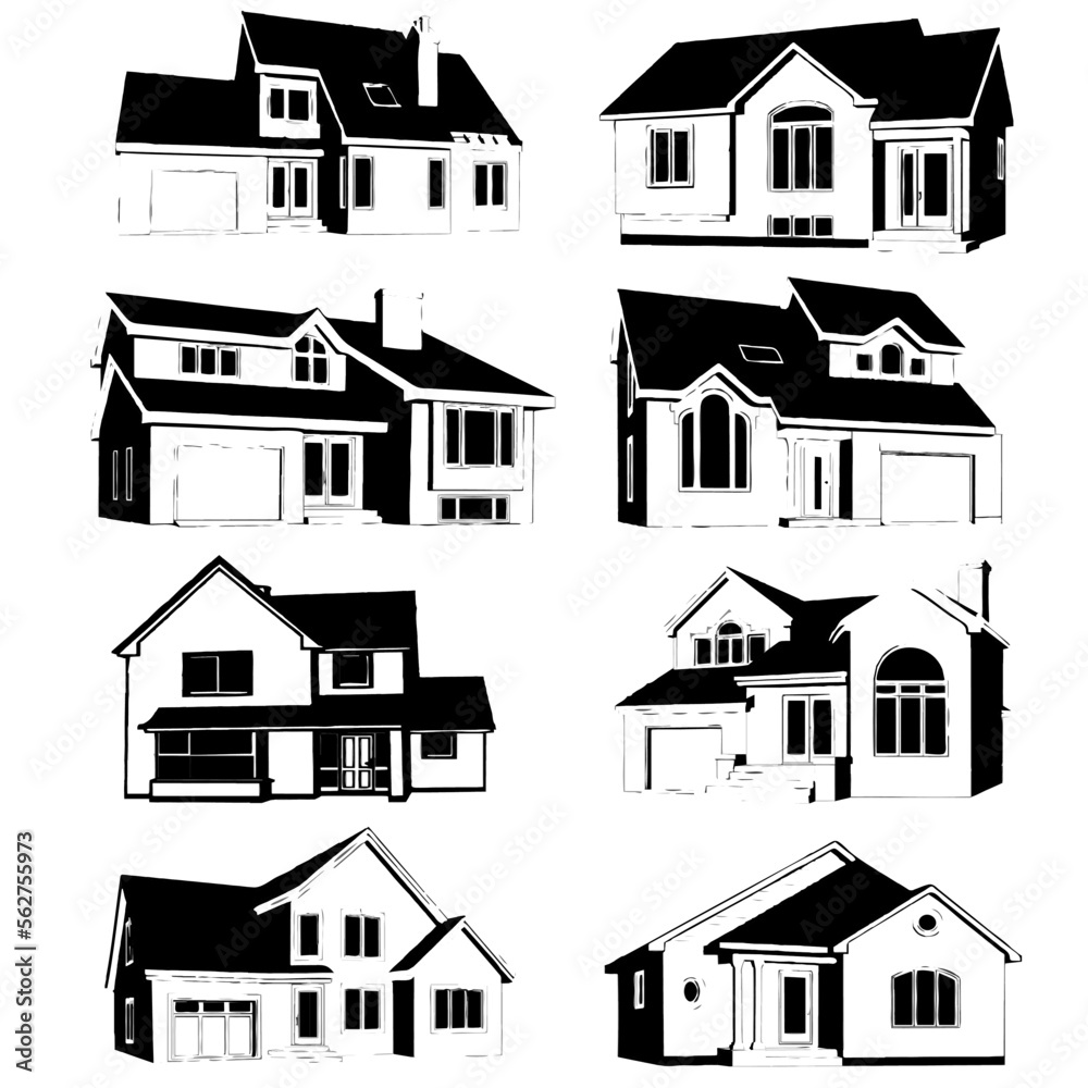 Doodle houses seamless pattern. Black and white