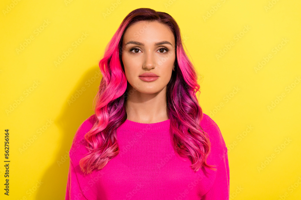 Fototapeta premium Photo of nice young girl calm face vibrant shiny dyed pink hair isolated on yellow color background