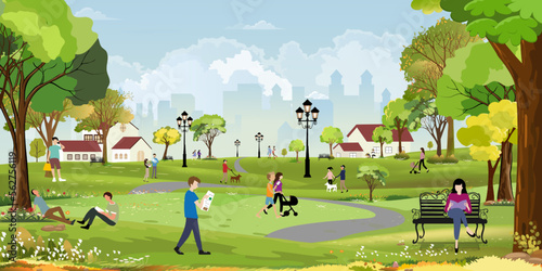 Spring City park scenery landscape, family having fun in the Morning,Vector cartoon lifestyle People relaxing in beautiful nature at urban Park,CityScape with people doing outdoors activity in Summer