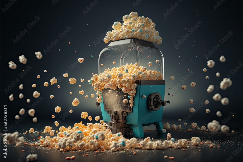 Popcorn Flying fast food in a cinemma. Mashine with popcorn. Generative