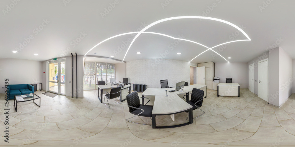 full spherical hdri 360 panorama in interior of empty office with panoramic  windows in equirectangular projection foto de Stock | Adobe Stock